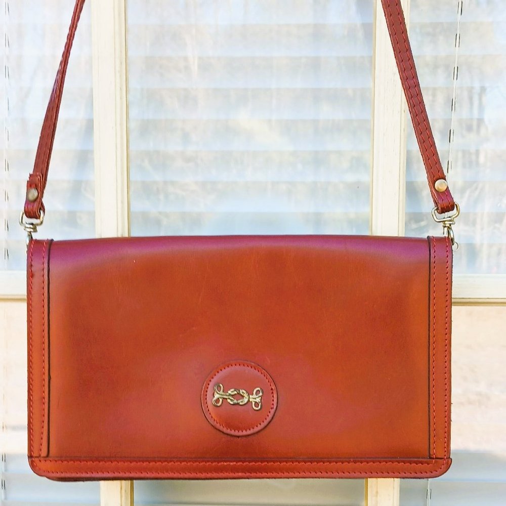 Vintage Red Leather Shoulder Bag Women's Flap Over with Removable Straps Clutch